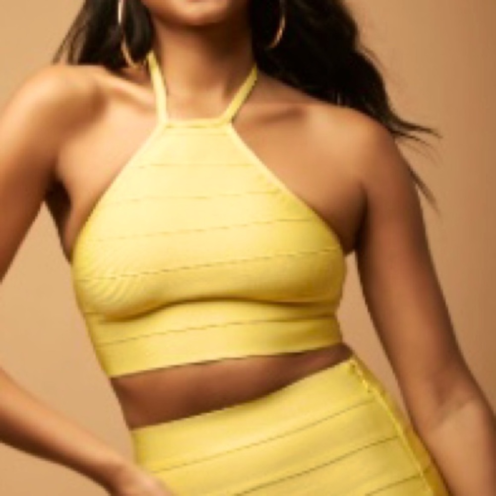 Herve Leger x Forever 21 Bandage Halter Crop Top: Yellow; Size Small
